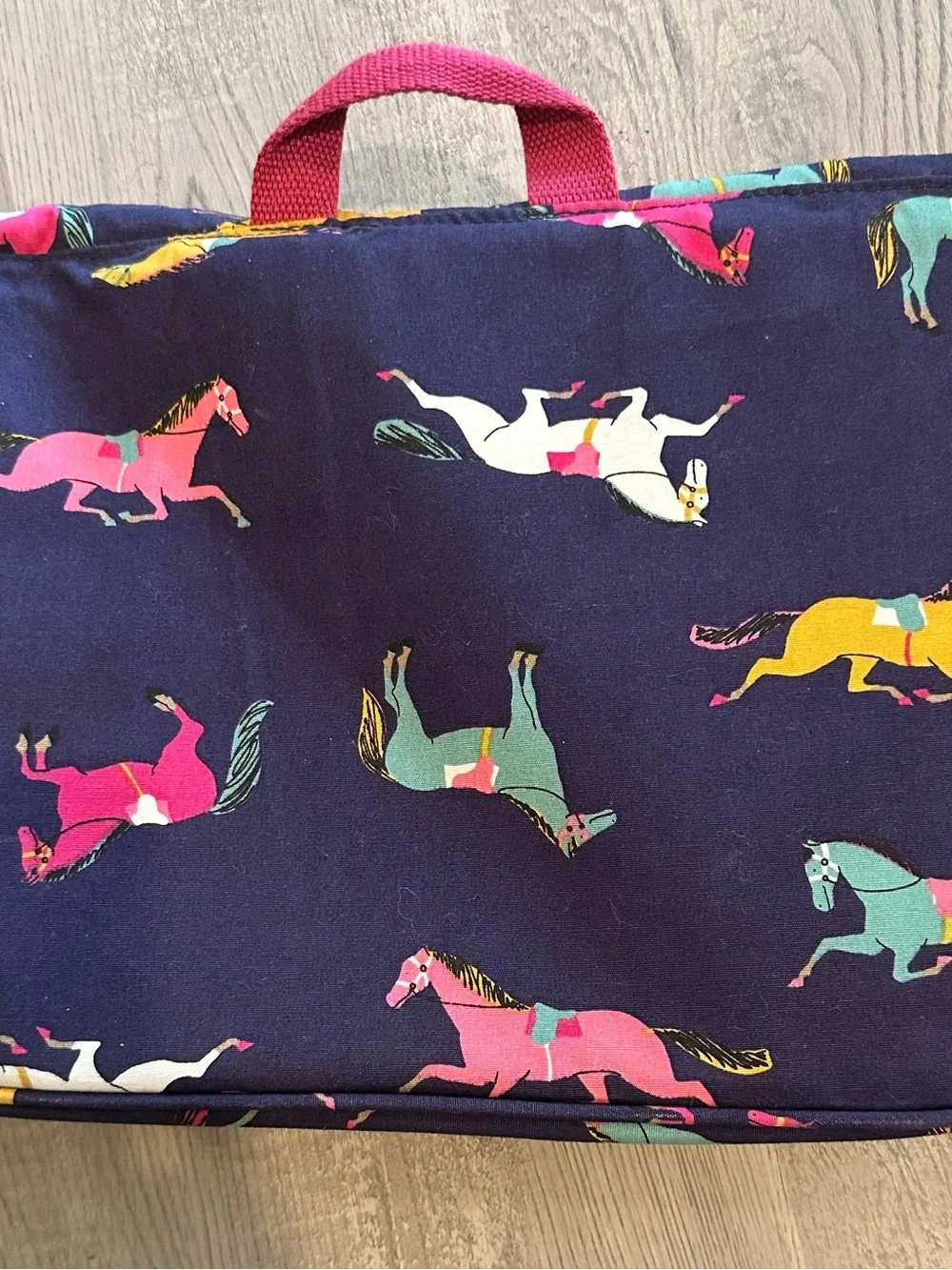 Joules Navy Crossbody Bag with Pink Strap and Multicolor Horse Print